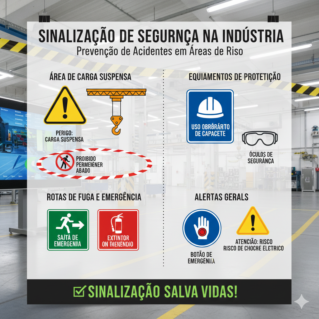 Infográfico de segurança industrial mostrando operação de içamento com guindaste e sinalização de área de exclusão