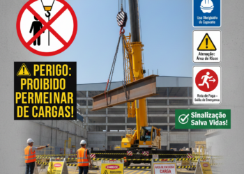 Infográfico de segurança industrial mostrando operação de içamento com guindaste e sinalização de área de exclusão