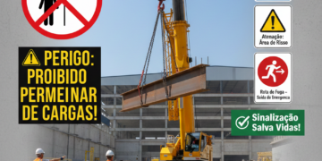 Infográfico de segurança industrial mostrando operação de içamento com guindaste e sinalização de área de exclusão