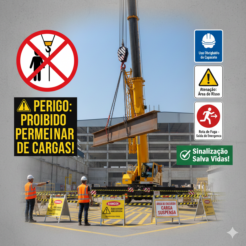 Infográfico de segurança industrial mostrando operação de içamento com guindaste e sinalização de área de exclusão