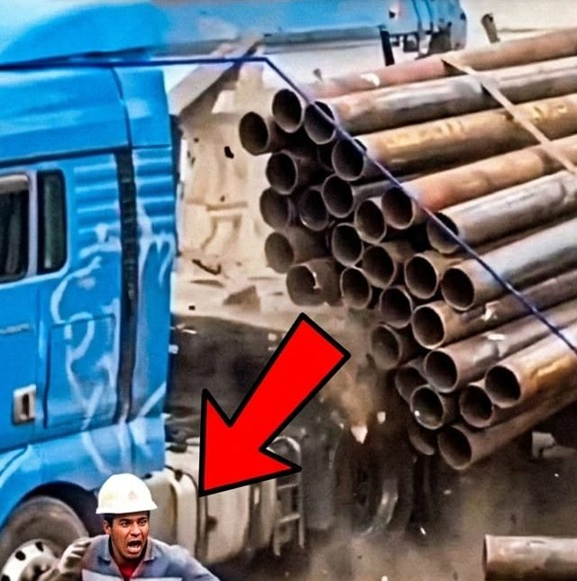 "Tubos de PVC rolando sobre trabalhadores em esteira industrial - acidente grave por falta de calços de segurança"