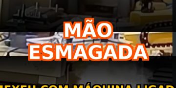 Trabalhador com mão esmagada em máquina industrial ligada - acidente grave por não desligar equipamento antes de mexer