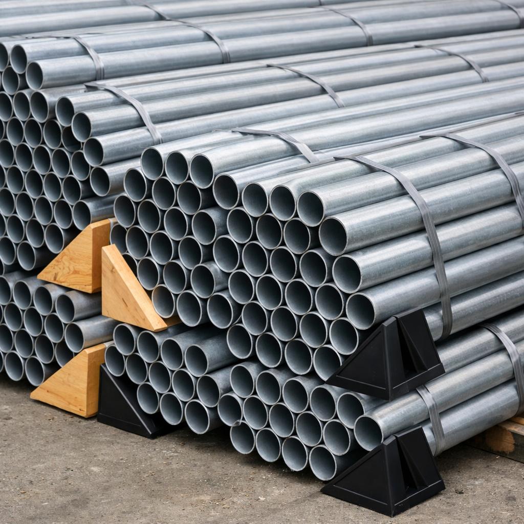 "Calços triangulares corretamente posicionados impedem o rolamento de cargas cilíndricas"