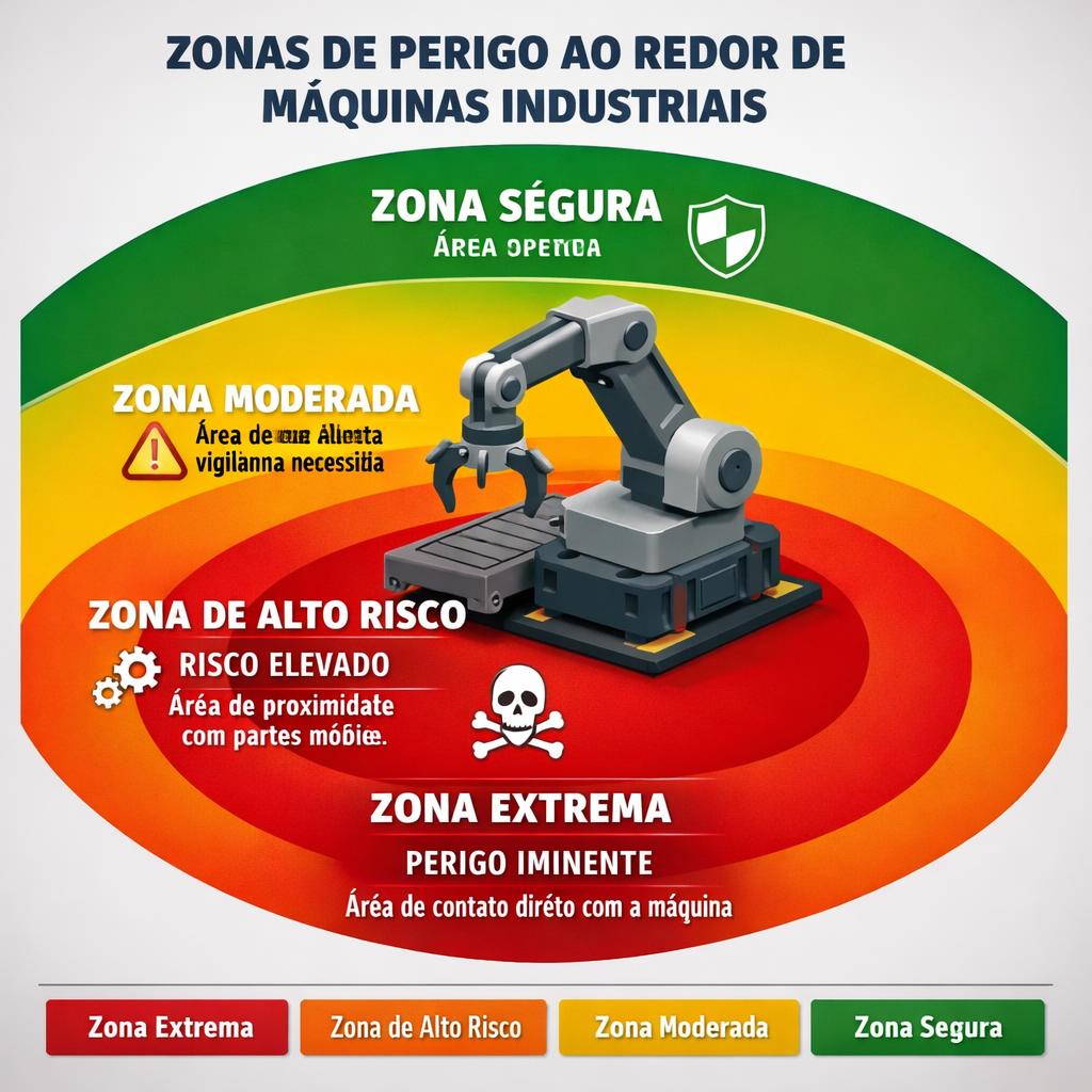 Infográfico mostrando as 4 zonas de perigo ao redor de máquinas industriais - zona extrema, alta, moderada e segura