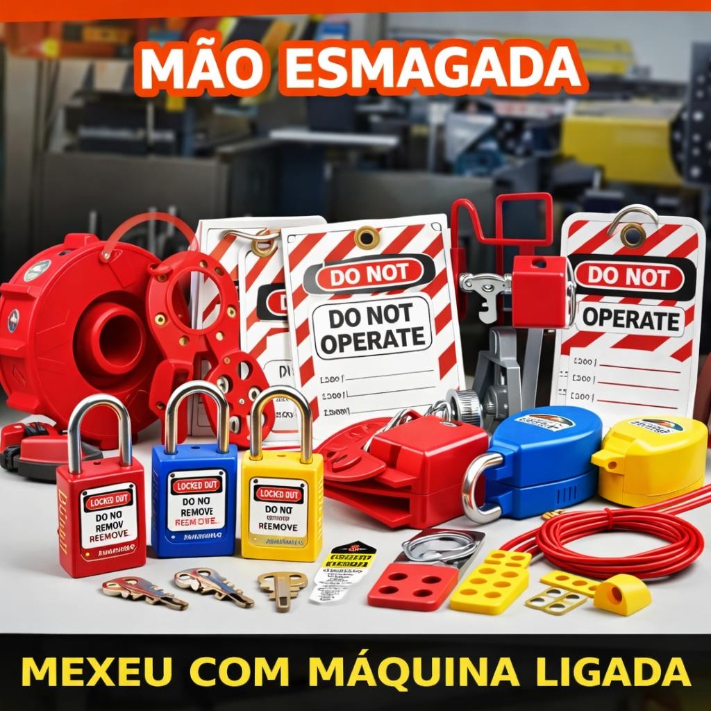 Kit LOTO essencial com cadeados, etiquetas, bloqueadores e dispositivos de segurança para manutenção industrial