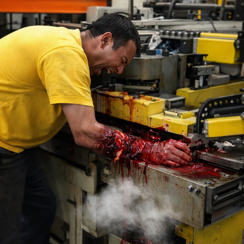 Trabalhador com mão esmagada em máquina industrial ligada - acidente grave por não desligar equipamento antes de mexer